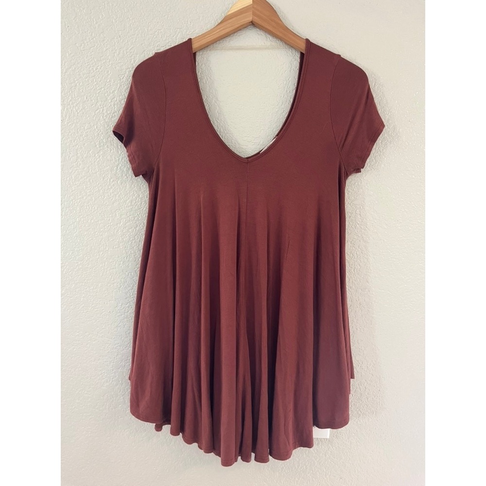 Soprano Womens Rust Terracotta V-Neck Swing Tunic Top Short Sleeve Large